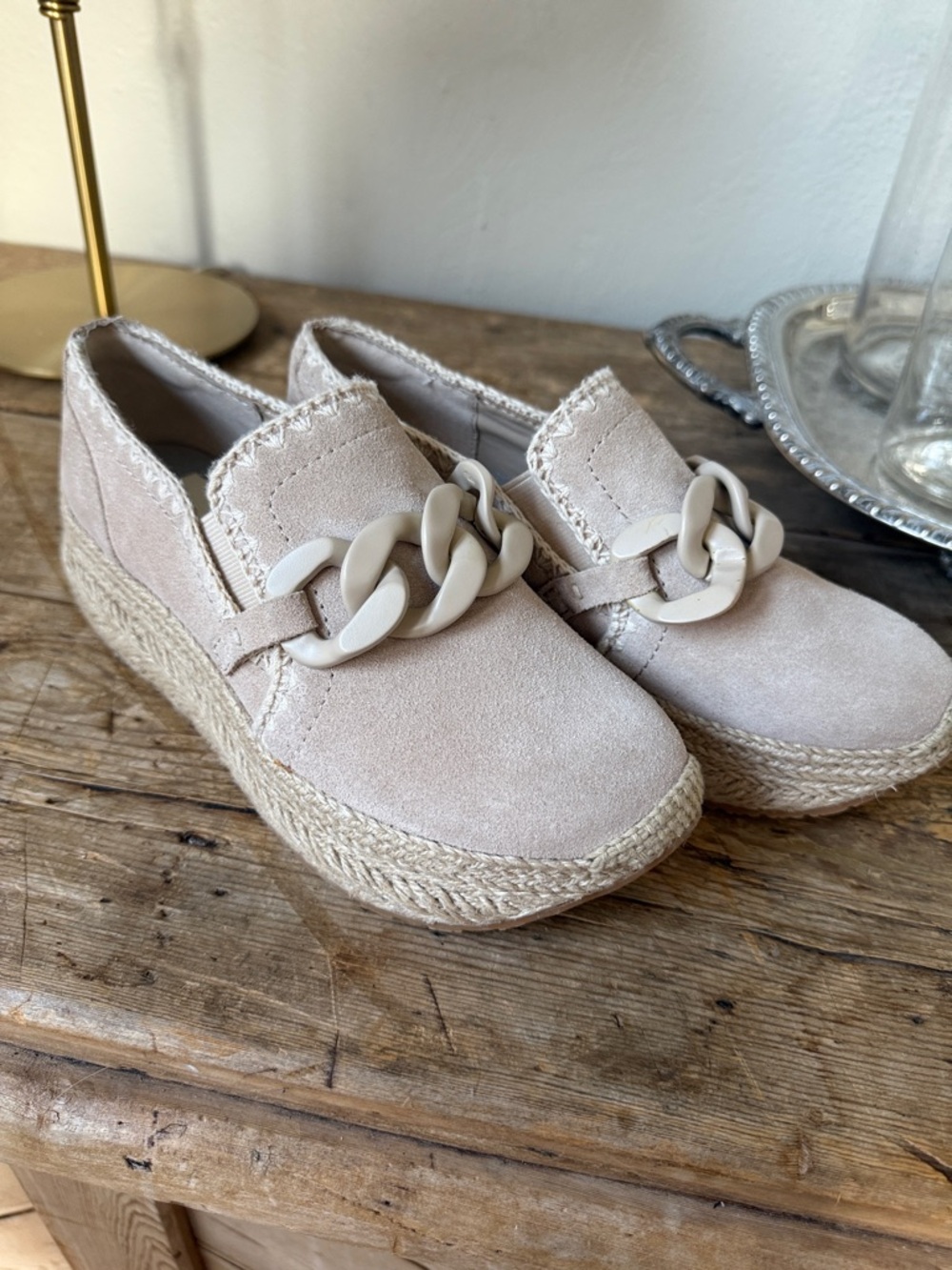Dolce Vita Neutral Cream Suede Espadrille Loafers with Chain Accent
